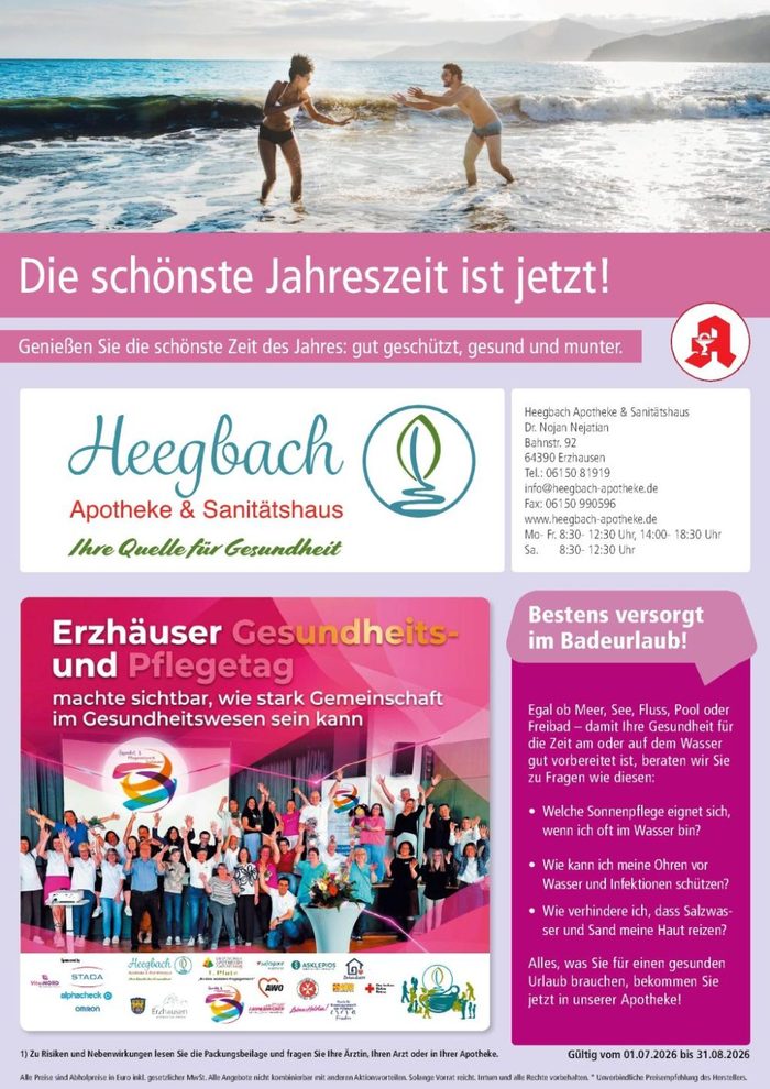 Aktueller Angebotsaushang der Heegbach Apotheke mit dem Titel: Die schönste Jahreszeit ist jetzt