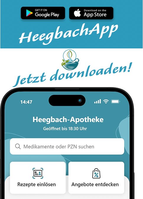 Werbebild der HeegbachApp mit einem Smartphone, auf dem Rezepte eingelöst und Angebote entdeckt werden können