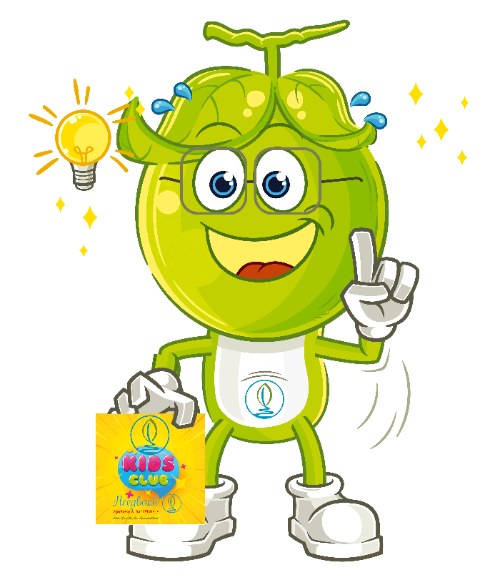 Maskottchen des Kids Club der Heegbach Apotheke, eine grüne Comicfigur mit Glühbirne